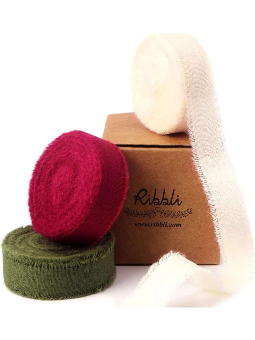3 Rolls Christmas Ribbon 5/8" x 18 Yards Ivory Burgundy Moss Handmade Cotton